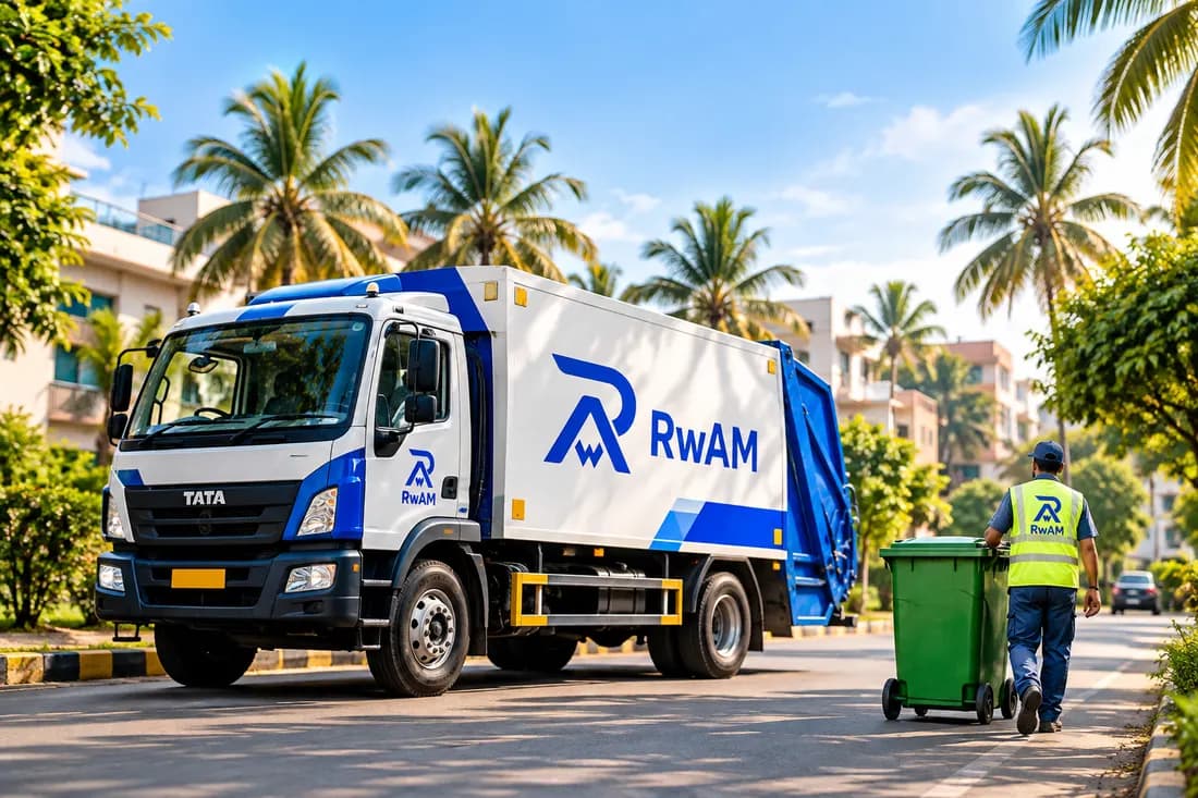 RwAM waste collection truck and worker operating in a clean city street