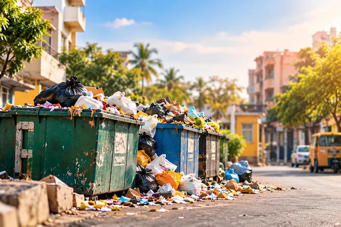 Overflowing waste containers spilling onto a city street